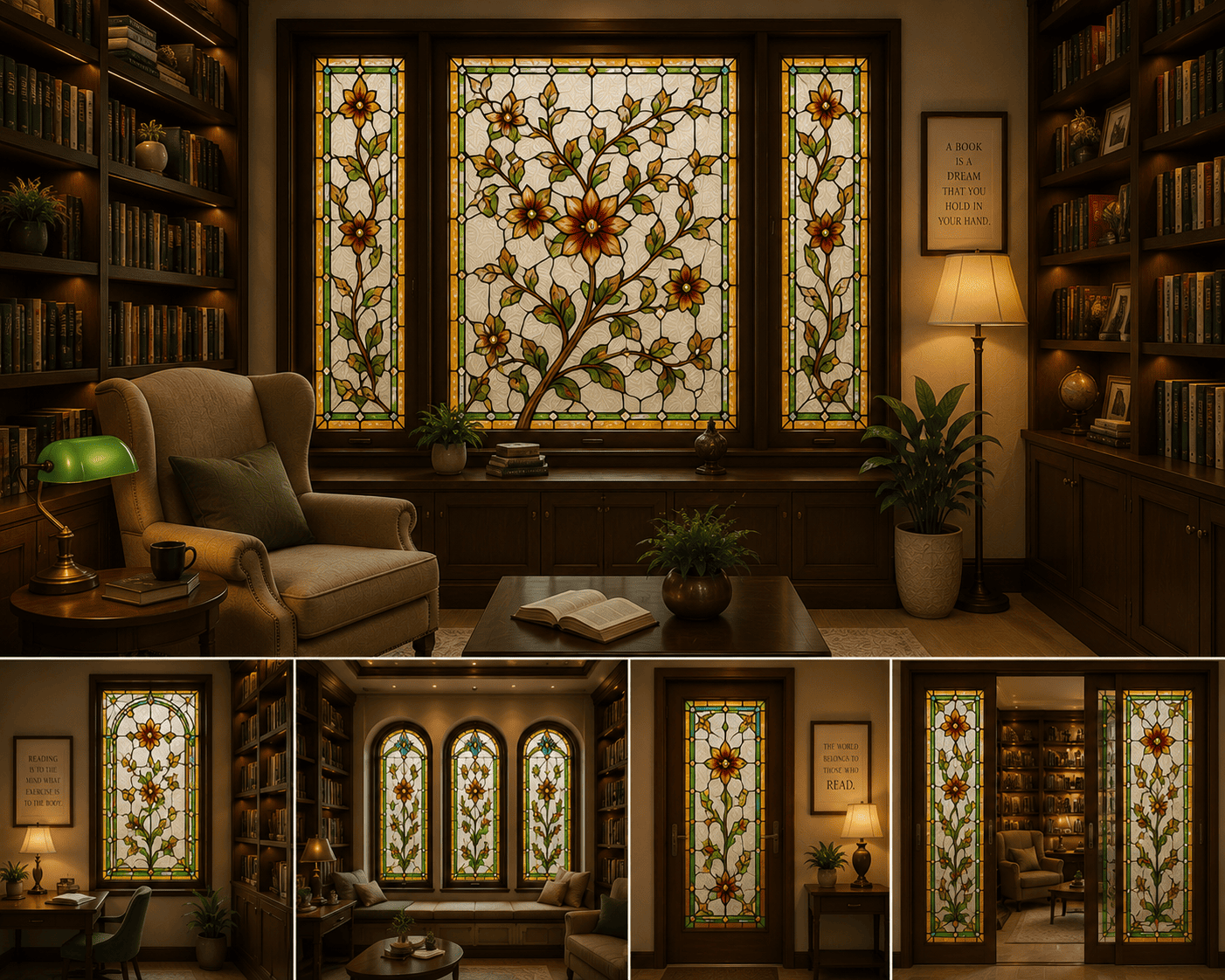 Cozy reading nook bathed in light from a large window