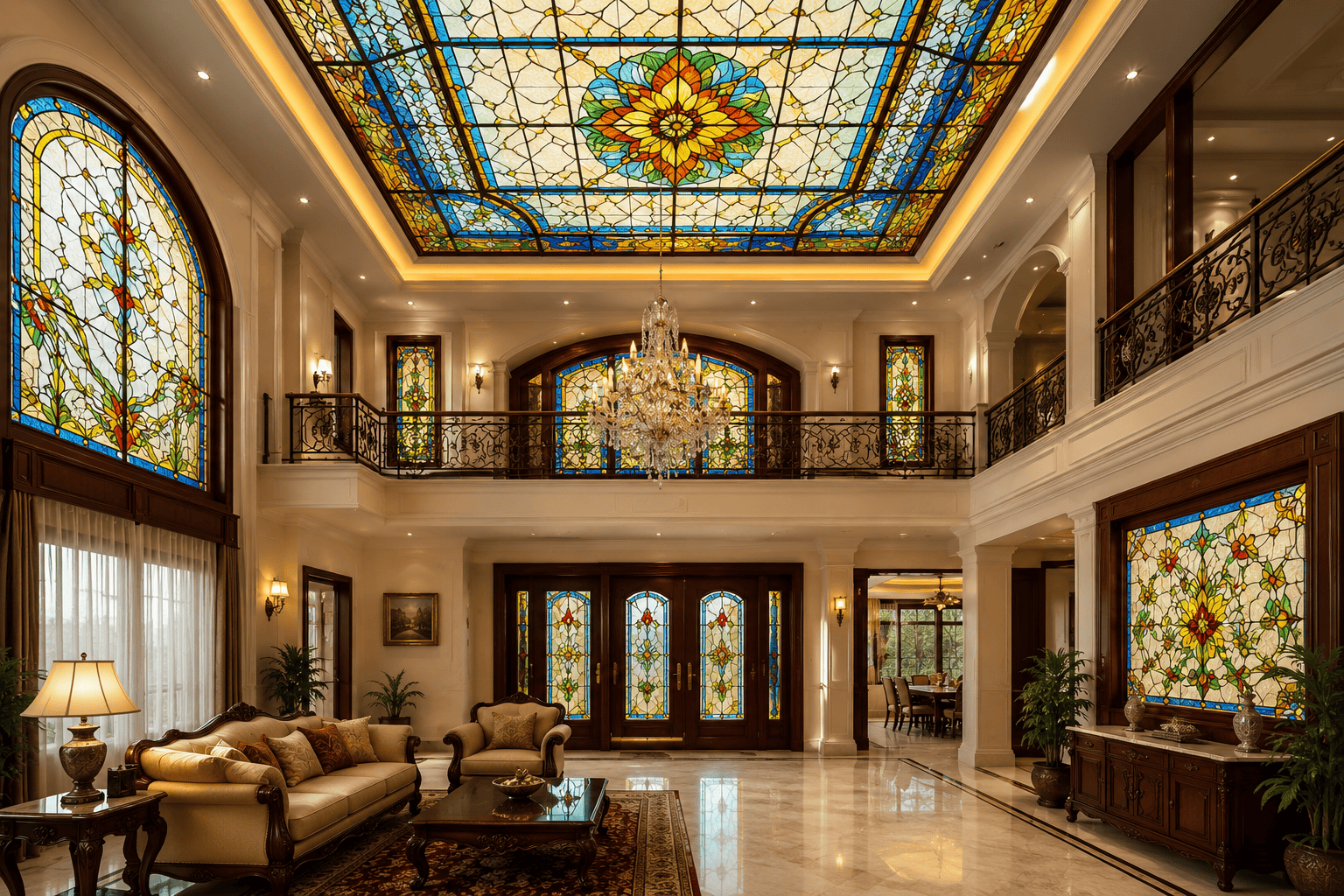 Spacious main hall with spiral staircase and natural light